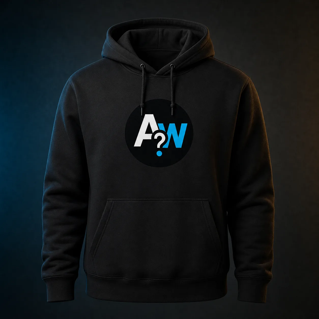 Black Ask Why Guys hoodie with the round AW question-mark logo
